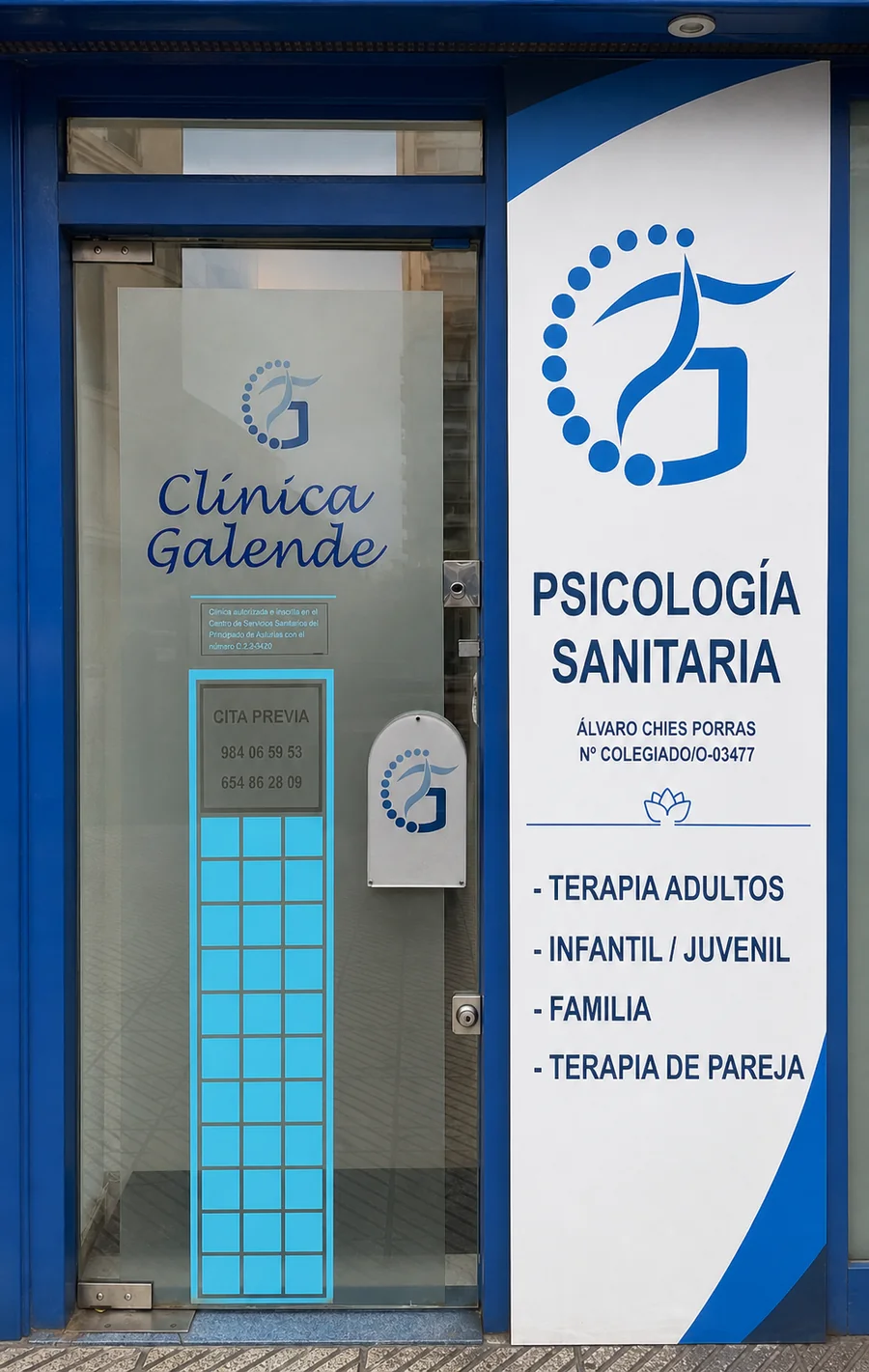 Entrada de la consulta de Psístole Psicología en Clínica Galende, Oviedo